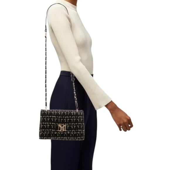 BADGLEY MISCHKA Bouclé Black Gold Tweed Shoulder Bag Pearl Accent Strap NWT - Picture 2 of 6